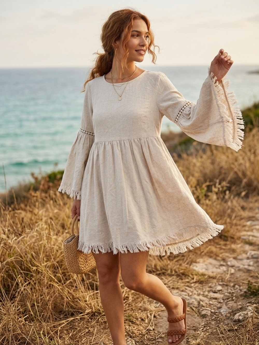 HYFVE Boho Linen Blend Babydoll Mini Dress Cream Fringe Bell Sleeve Small